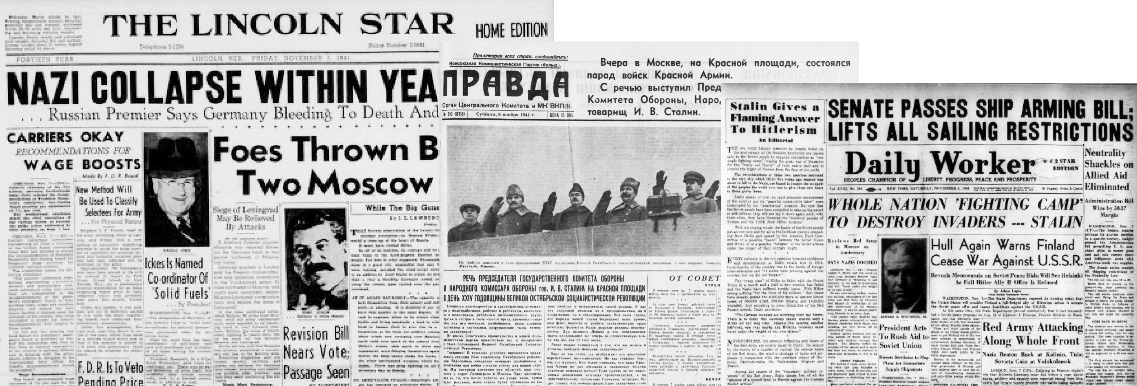Отсканированные газеты The Lincoln Star, Правда и Daily Worker с заголовками о параде
